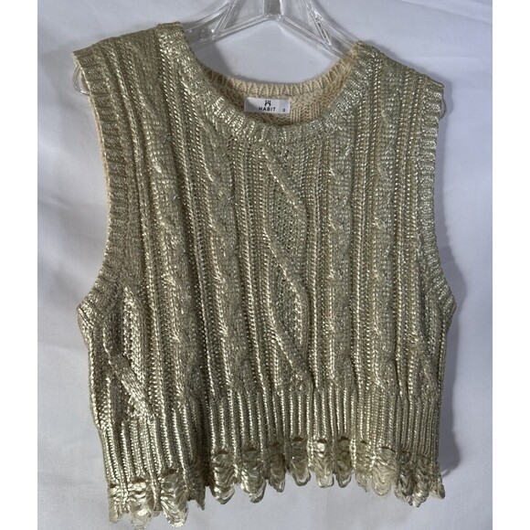 Gold Metallic Crop Tank Top knit Fringe Formal Elegant Women’s Size S Unique - Picture 4 of 11